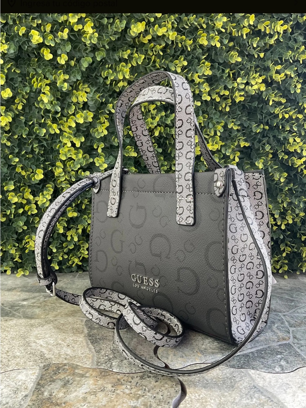GUESS Gray Logo-Print Satchel with Contrasting Trim